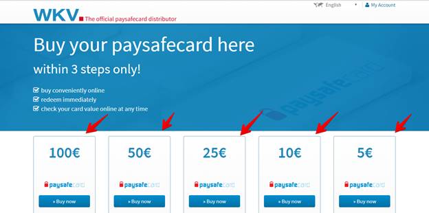 WKV screenshot displaying digital Paysafecards available for purchase