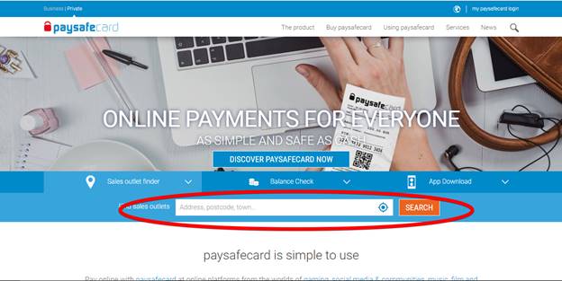 Paysafecard screenshot displaying store finder